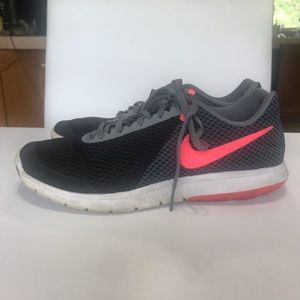 Nike black, gray, and hot coral sneakers